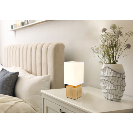 Stolná lampa prírodné drevo, textil biely, kábel PVC čierny, kolískový vypínač na kábli, DxŠxV: 120x 6