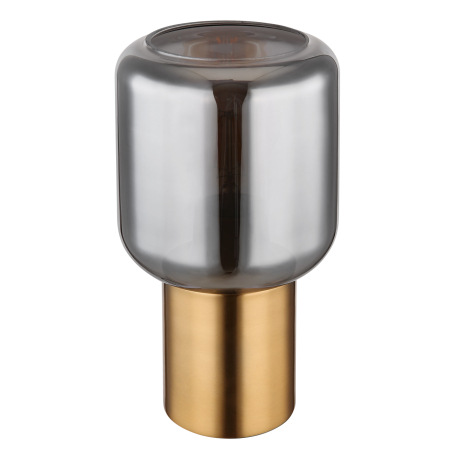 Stolná lampa kov mosadzná farba, dymové sklo, textilný kábel čierny, kolískový vypínač na kábli, ø: 8