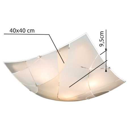 Stropné svietidlo, kov biely, chróm, satinované sklo, ozdobné linky, DxŠxV: 400x400x80, bez žiarovie 10