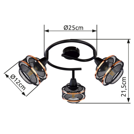 Stropné svietidlo, kov čierny a zlatý, Ø250, V:215, bez žiaroviek 3xE14, max. 40W 230V 12