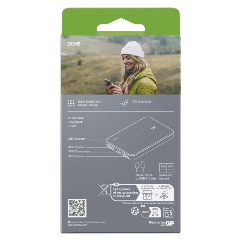 Power bank GP B+ Series, 5 000 mAh, 12 W, zelenošedá 6