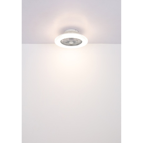 Stropný ventilátor, kov chróm, plast biely/chróm, číre akrylové krištále, stmievateľné, pamäť, diaľ. 10