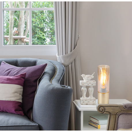 Stolová lampa, kov zlatý matný, sklo jantár, hnedý textilný kábel 1,5 m, dotykový vypínač on/off, Ø9 1