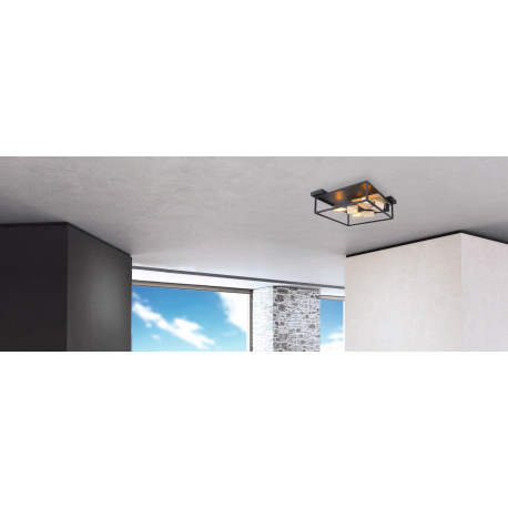 Stropné svietidlo, kov čierny, drevo, DxŠxV:440x440x145, bez žiaroviek 3xE27, max. 60W 230V 1