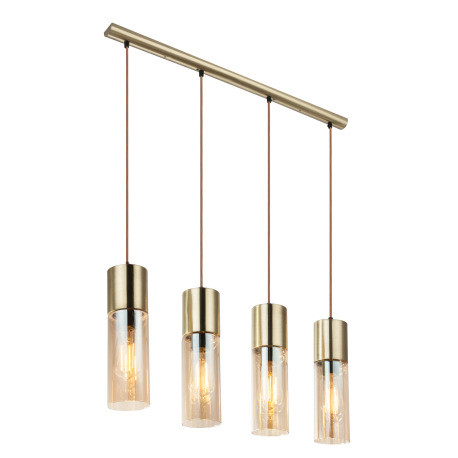 Závesné svietidlo, kov zlatý matný, sklo jantár, hnedý textilný kábel, DxŠxV:800x90x1560, bez žiarov