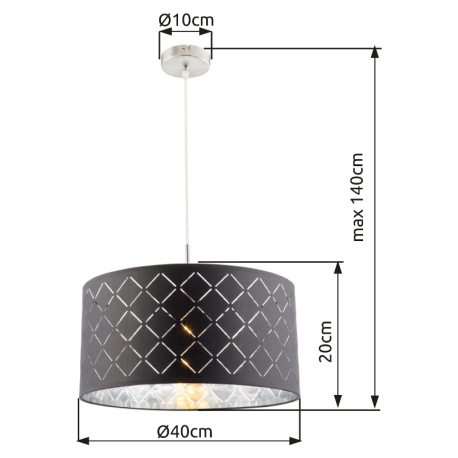 Závesné svietidlo, kov nikel matný, textil sivý, tienidlo s dekoratívnym dierovaním, Ø 400, V:1400, 4