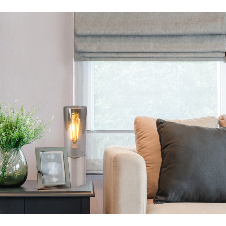 Stolová lampa, kov nikel matný, sklo dymové, čiernobiely textilný kábel 1,5 m, dotykový vypínač on/o 9