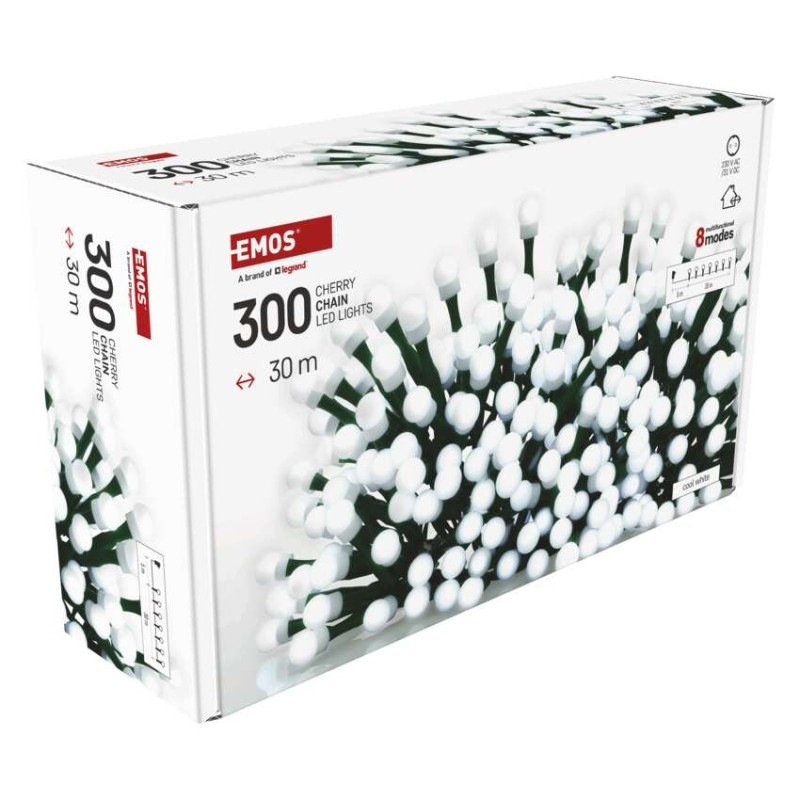 LED vianočná cherry reťaz–guličky, 30 m,vonkajšia aj vnútorná,studená biela, programy, čas 11