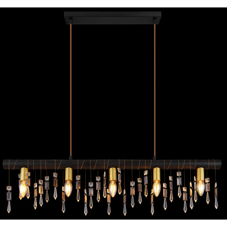 Závesné svietidlo, kov čierny, drevo čierne, sklenené krištále, textilný kábel šampaň, DxŠxV:900x60x 16