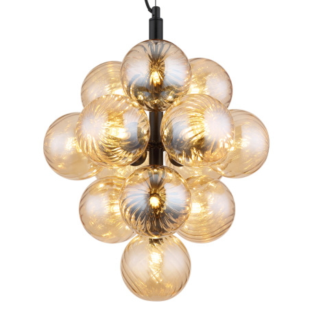 Závesná lampa, matný čierny kov, jantárové sklenené gule, čierny PVC kábel, výškovo nastaviteľná, ø: 11