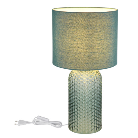 Stolová lampa, svetlozelené sklo, bledozelený textil, biely PVC kábel, kolískový vypínač na kábli ø: 16