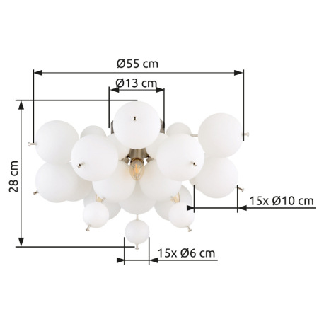 Stropné svietidlo, kov nikel matný, sklenené gule biele, kábel PVC čierny, ø: 550 mm, V: 280 mm, skl 6