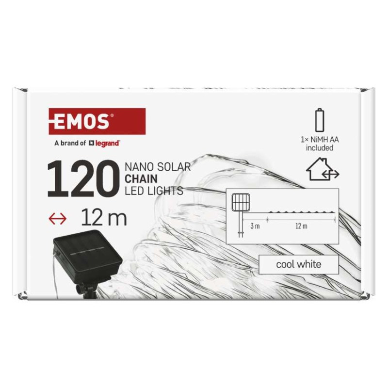 LED nano reťaz so solárnym panelom, medená, 12 m, vonkajšia aj vnút, studená biela, časova 5