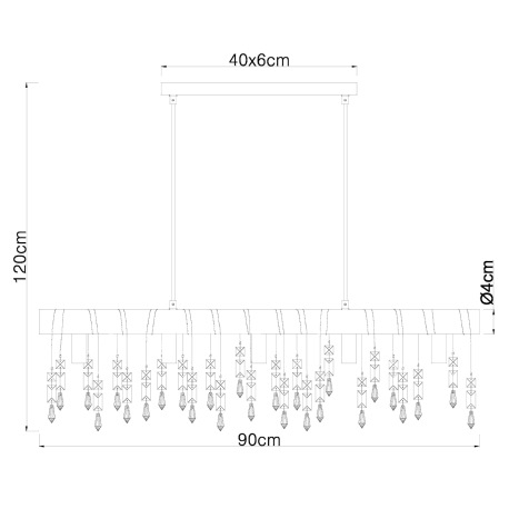 Závesné svietidlo, kov čierny, drevo čierne, sklenené krištále, textilný kábel šampaň, DxŠxV:900x60x 11