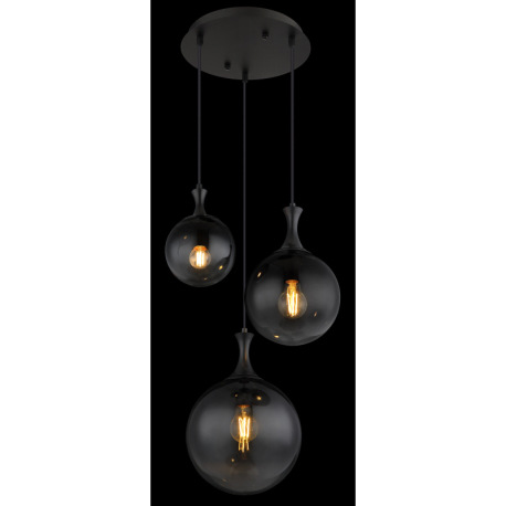 Závesné svietidlo, kov čierny, sklenené gule dymovej farby, kábel PVC čierny, výškovo nastaviteľné, 2