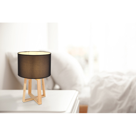 Stolová lampa, drevo hnedé, plast sivý, textil čierny, ø: 300mm, V:450mm, dĺžka kábla 1800mm, bez ži 1