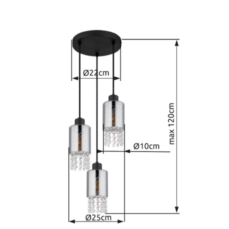 Závesné svietidlo kov čierny matný, sklo dymové, sklo kryštály číre, kábel PVC čierny, ø: 250mm, V: 7