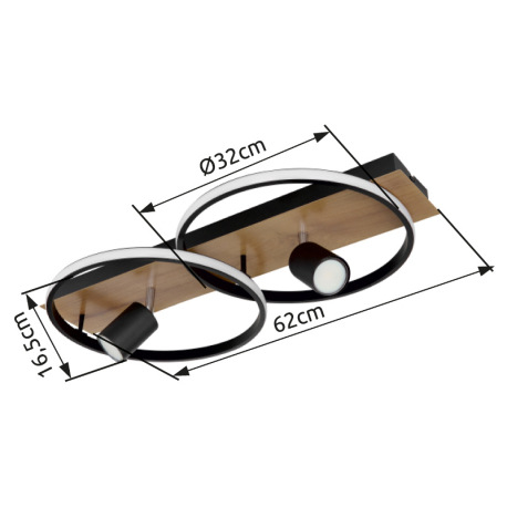 Stropné svietidlo kov čierny matný, imitácia dreva, plast biely, prepínanie funkcií nástenným vypína 16