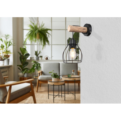 Nástenné svietidlo, čierny kov, drevo, vypínač, ŠxV:135x300, H: 215, bez žiarovky 1xE27, max. 40W 23 1