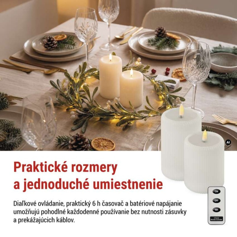 LED dekorácia – 2x vosková sviečka s realistickým plameňom, 4x AA, teplá biela, časovač 7