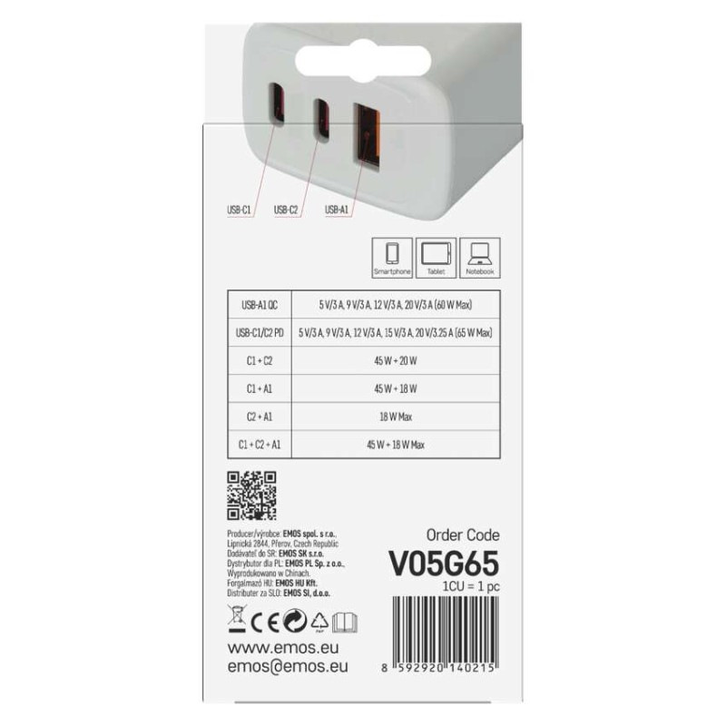 Univerzálny USB adaptér GaN do siete PD 65 W max. 8