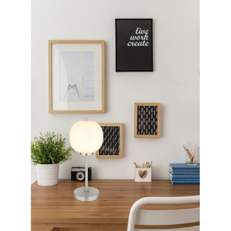 Stolná lampa kov nikel matný, sklo biele, vypínač na kábli, ø: 185mm, V: 450mm, dĺžka kábla 1500mm, 1