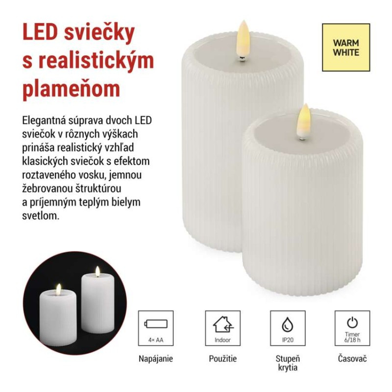 LED dekorácia – 2x vosková sviečka s realistickým plameňom, 4x AA, teplá biela, časovač 5