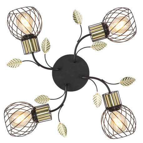 Stropné svietidlo, kov čierny a mosadzný, s dekoratívnymi listami, Ø580, V:165, bez žiaroviek 4xE27, 4