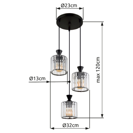 Závesné svietidlo, kov čierny, akrylové krištále číre, kábel PVC čierny, ø: 320mm, V: 1200mm, bez ži 8