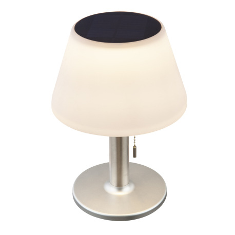 Solárne svietidlo, nerez, plast biely, stolová lampa s ťahovým vypínačom, IP44, akumulátor CR18650 1