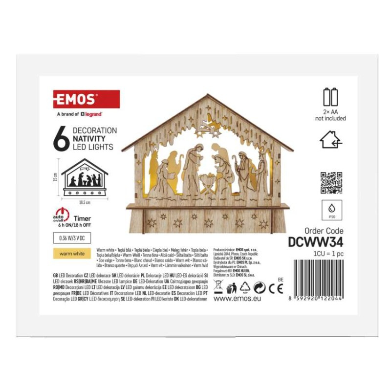 LED vianočný betlehem drevený, 15 cm, 2x AA, vnútorný, teplá biela, časovač 5