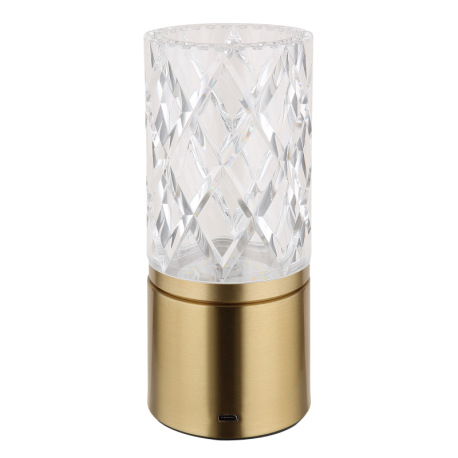 Nabíjateľná stolová lampa, kov mosadz, akryl číry, kábel PVC čierny, dotykové zapnutie/vypnutie, stm 14