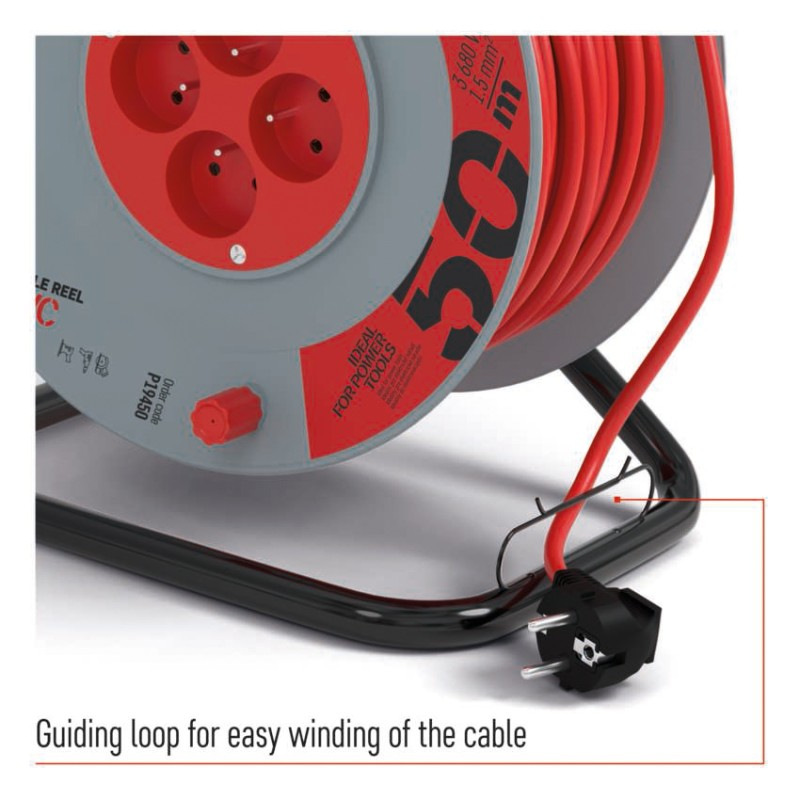 Predlžovací kábel na bubne 50 m / 4 zásuvky / červený / PVC / 230 V / 1,5 mm2 3