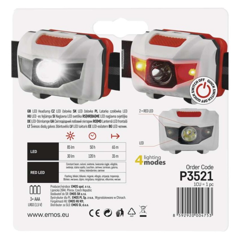 LED čelovka P3521, 85 lm, 65 m, 3× AAA 3
