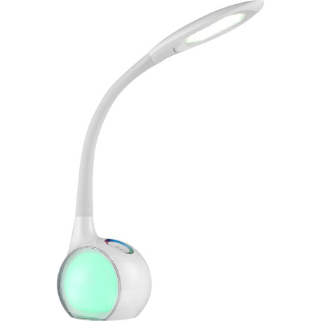 Stolová lampa, akryl, biela, plast, flexo, osvetlený podstavec, zmena farby svetla, fixácia farby, d 5