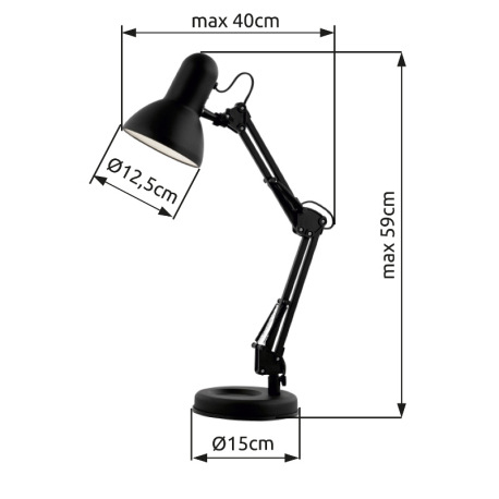 Stolová lampa, kov čierny, plast, nastaviteľné, vypínač, ŠxV: 400x590, bez žiarovky 1xE27, max. 40W 6