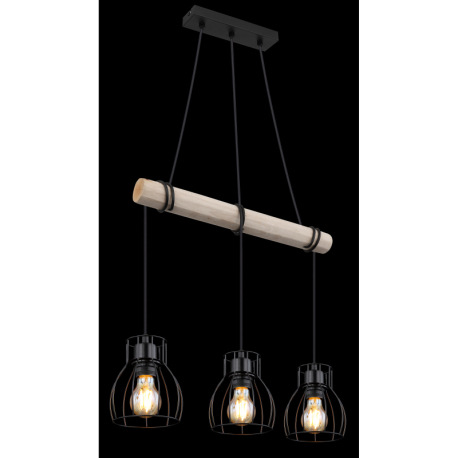 Závesné svietidlo, kov čierny, drevo prírodná farba, kovové tyče čierne, kábel na omotanie, DxŠxV: 5 10