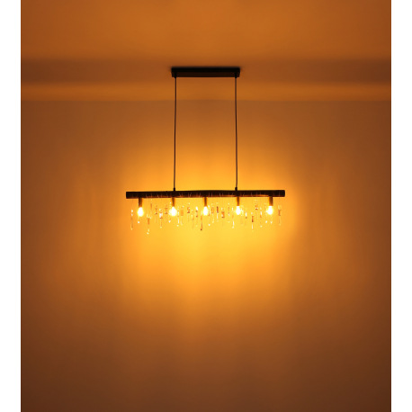 Závesné svietidlo, kov čierny, drevo čierne, sklenené krištále, textilný kábel šampaň, DxŠxV:900x60x 19