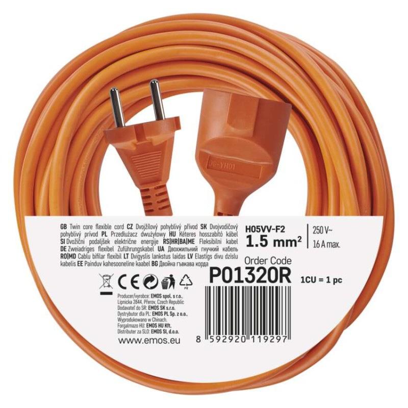 Dvojžilový pohyblivý prívod 20 m / 1 zásuvka / oranžový / PVC / 230 V / 1,5 mm2 2