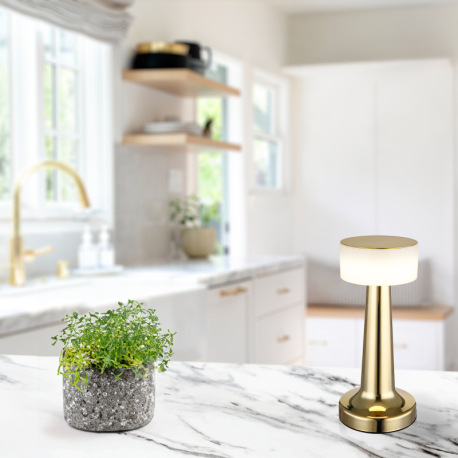 Nabíjateľná stolová lampa, plast, matná mosadzná farba, biela, dotykové zapnutie/vypnutie, plynulé d 2