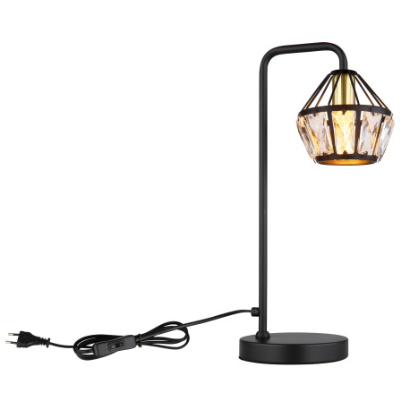 Stolové svietidlo, kov čierny matný, kov mosadz, kovové tyče čierne matné, sklenené krištále priehľa 5