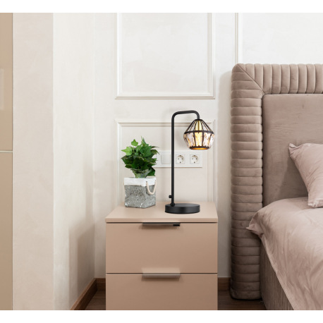 Stolové svietidlo, kov čierny matný, kov mosadz, kovové tyče čierne matné, sklenené krištále priehľa 1