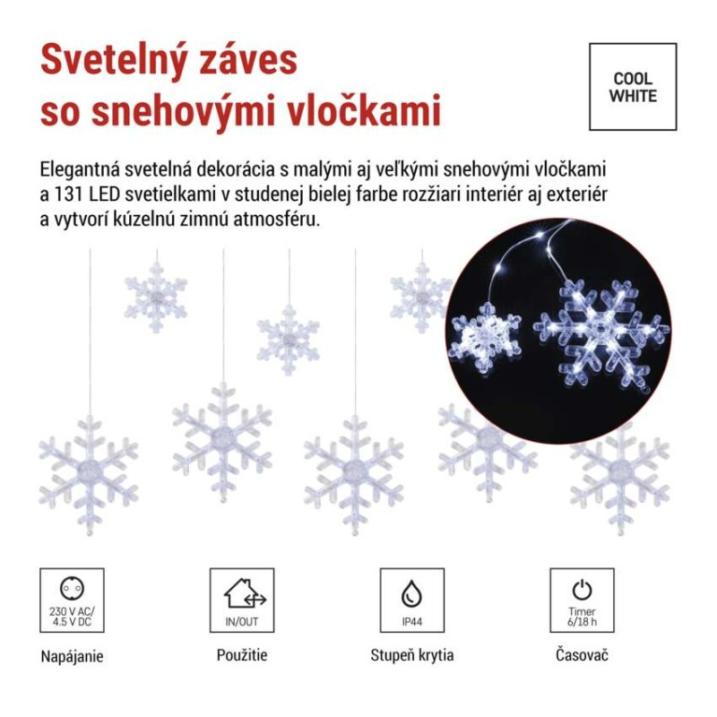Vianočná LED girlanda – vločky, 160 x 95 cm, IP44, studená biela, časovač 3