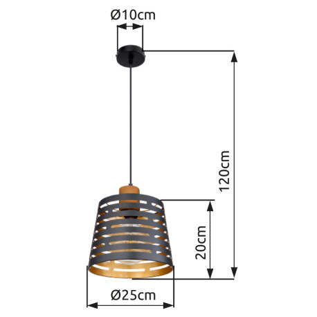 Závesné svietidlo, drevo, kov čierny a zlatý, Ø 250, V: 1200, bez žiarovky 1xE27, max. 60W 230V 6