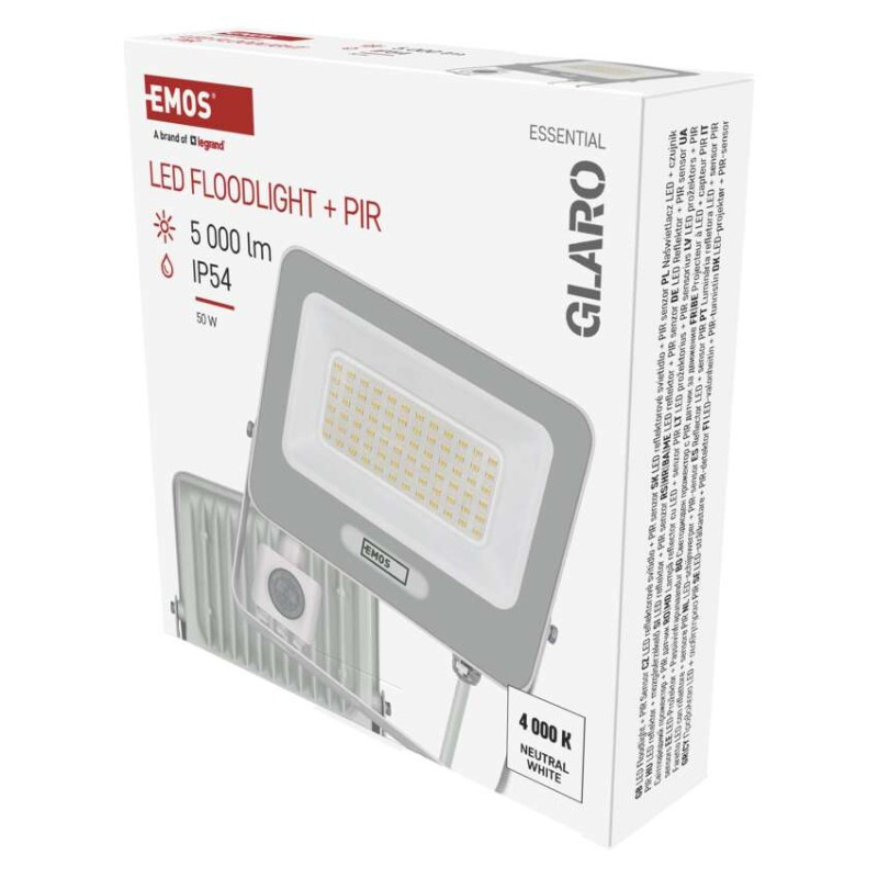 LED reflektor GLARO s pohybovým čidlom, 50 W, biely, IP54, 5000 lm, neutrálna biela