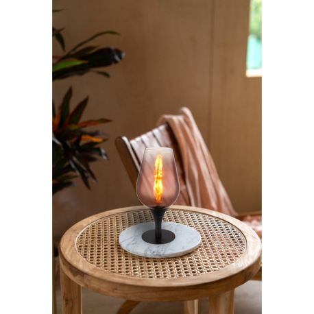 Stolové svietidlo, kov čierny, sklo medenej farby, priehľadné, textilný kábel čierny, kolískový vypí 7