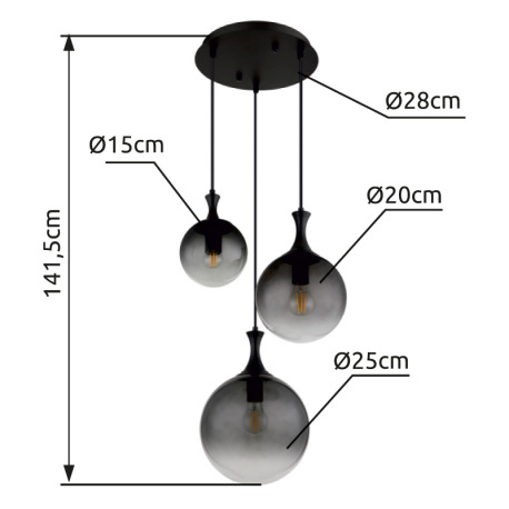 Závesné svietidlo, kov čierny, sklenené gule dymovej farby, kábel PVC čierny, výškovo nastaviteľné, 16