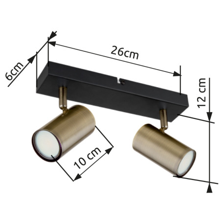 Nástenné svietidlo, kov čierny, mosadz, DxŠxV:260x60x120mm, bez žiaroviek 2x GU10, max. 35W 230V 14