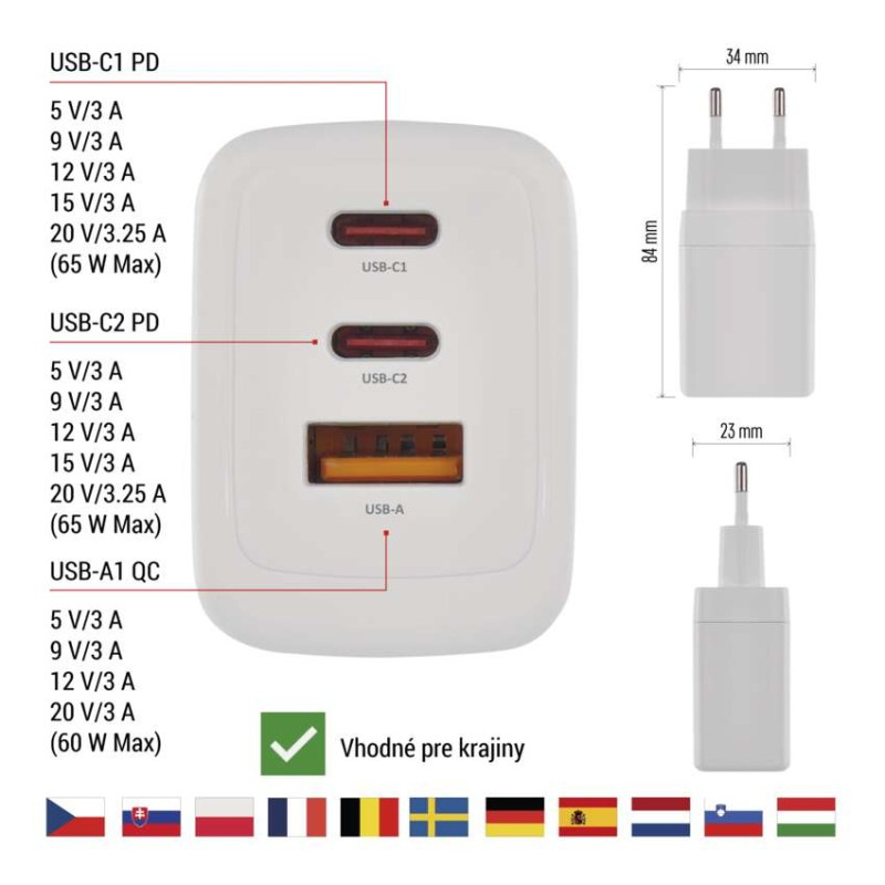 Univerzálny USB adaptér GaN do siete PD 65 W max. 3