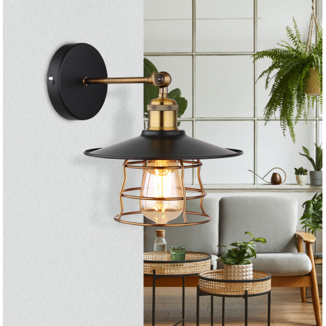 Nástenné svietidlo, kov čierny, mosadz, kovové pletivo, svieti smerom dole, ŠxV:220x280mm, H: 280mm, 1